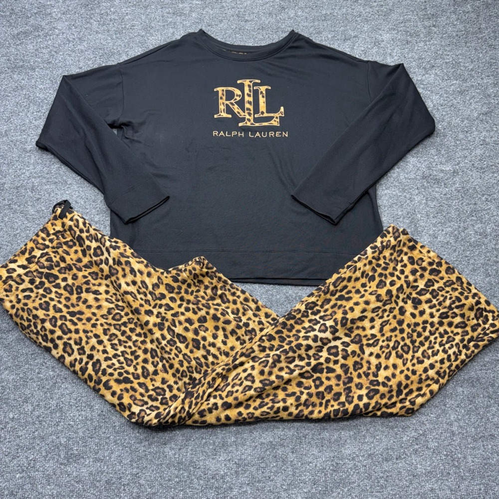 Lauren Ralph Lauren Womens Black Leopard Print RLL Logo Lounge Set Medium